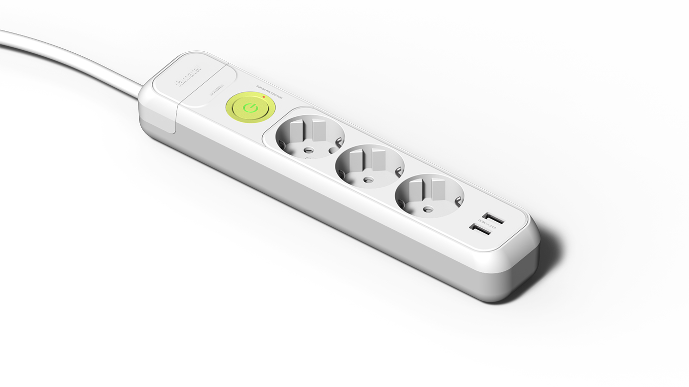 Base 3 tomas 16A, interruptor, 2 USB + 1.5m m cable