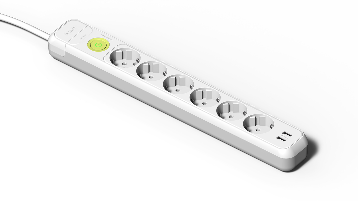 Base 6 tomas 16A, interruptor, 2 USB + 1.5m m cable