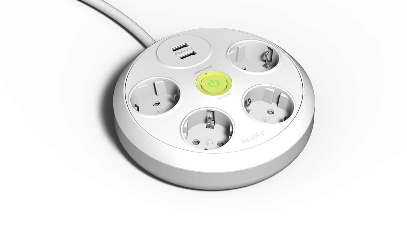 Base redonda 4 tomas 16A, 2 USB + 1.5m m cable