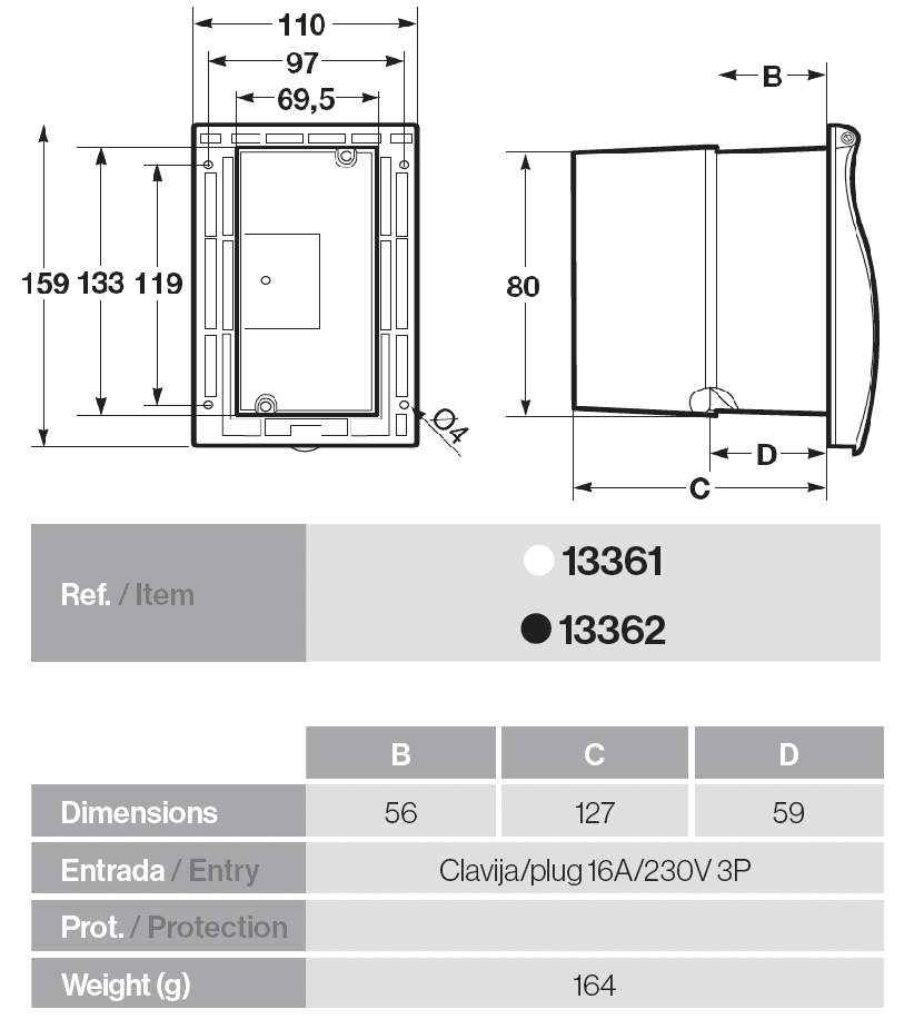 Clavija empotrable basculante IP44