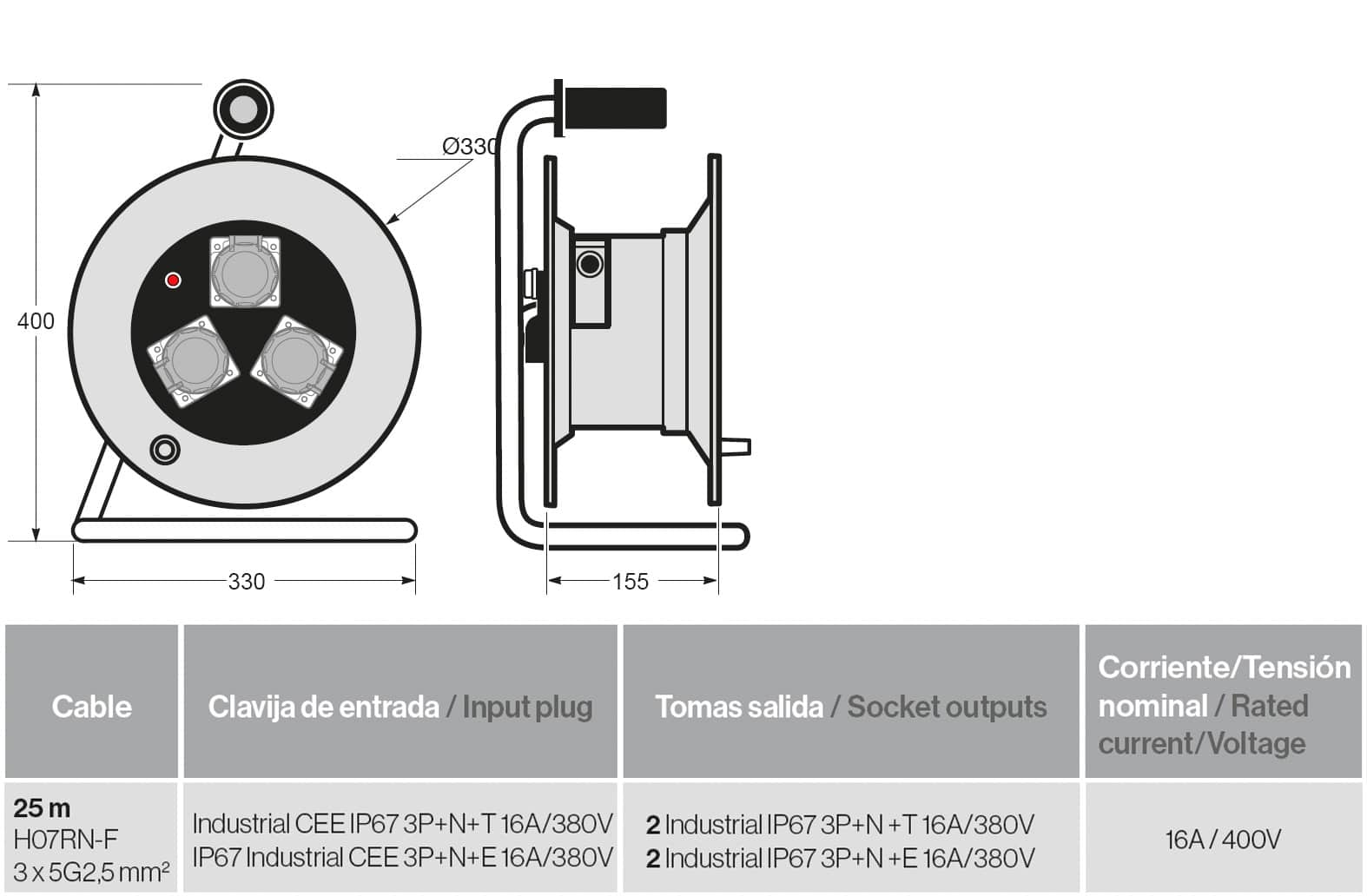 Enrollacable IP55 25m